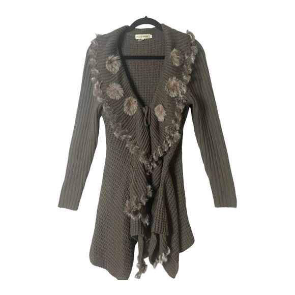 Moon River Ribbed Knit Ruffle Olive Green Faux Fur Tie Front Cardigan Medium - Picture 1 of 9